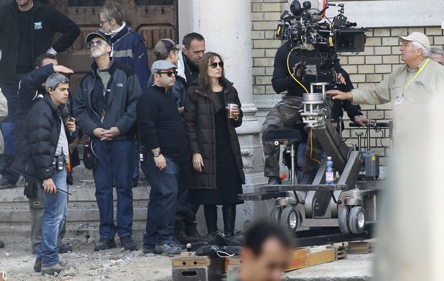 Angelina Jolie, movie set, long brown coat, brown winter jacket, black boots