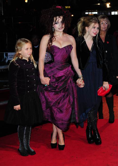 helena bonham carter, purple dress, black heels