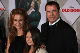 John Travolta, black sweater, Kelly Preston, black dress, Ella Bleu