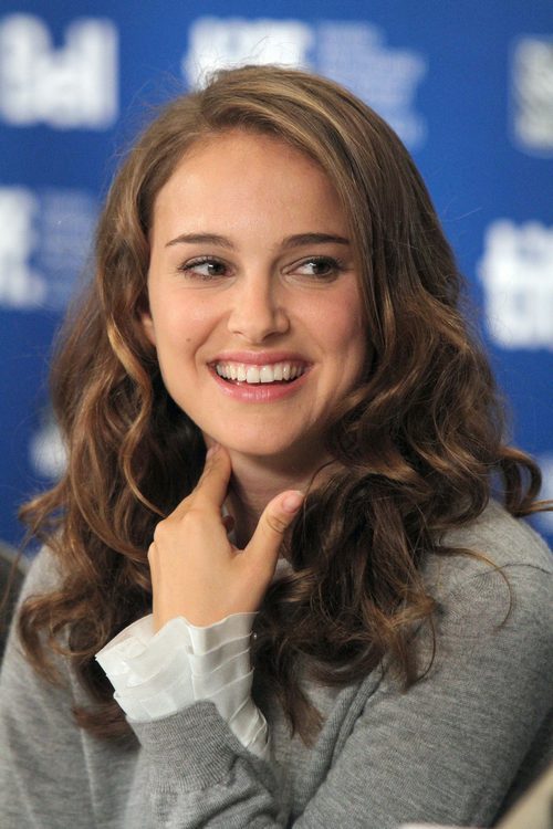 Natalie Portman, gray sweater, white blouse