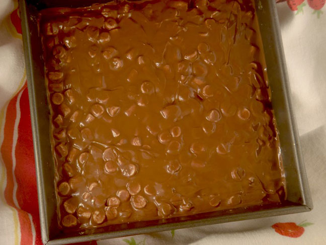 Chocolate poured over the scattered marshmallow in a pan