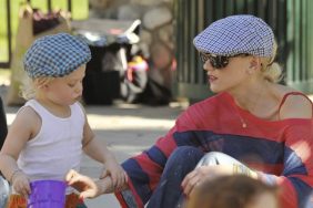 Gwen Stefani, golf hat, sunglasses, purple and orange striped top