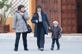 Salma Hayek, black jacket, polka dot scarf, black hat