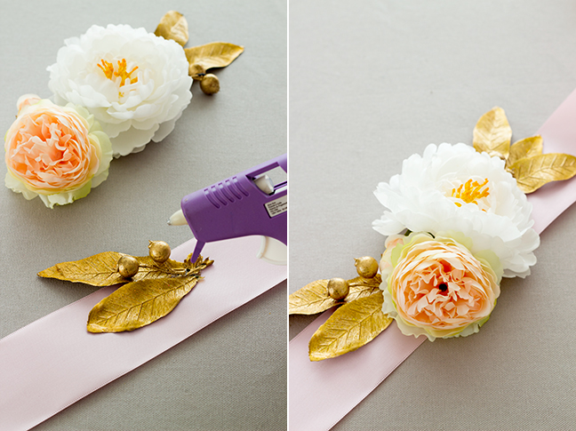 gold leaves silk flowers ribbon