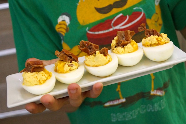 green- t-shirt, deviled eggs