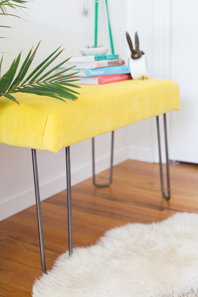 diy-yellow-velvet-bench-palm-frond