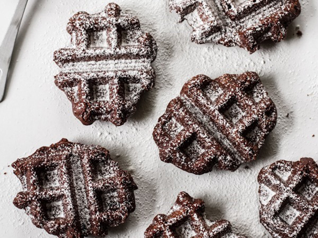 brownie waffles with powdered sugar