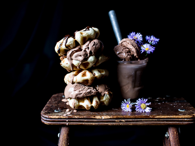 waffles layered with chocolate ice cream