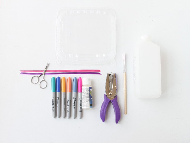 Supplies for DIY bookmarks made of plastic takeout containers