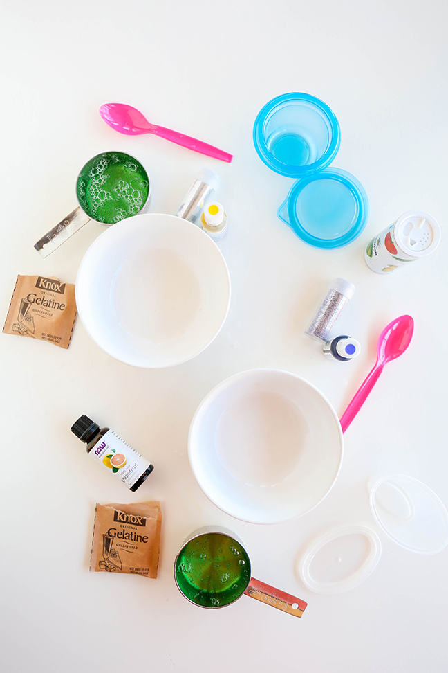 white bowls green soap in measuring cups gelatine