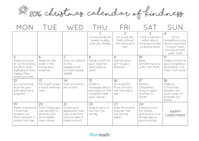 Christmas Kindness Calendar 2016 - Free Printable