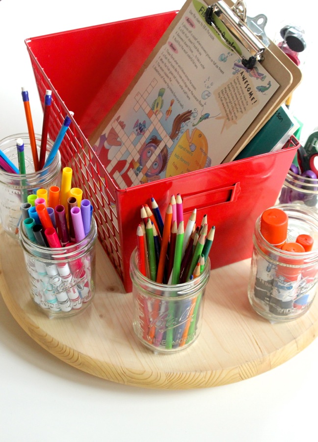 school-supplies-organized-in-mason-jars-on-a-wood-round-lazy-susan school-supplies-organized-in-mason-jars-on-a-wood-round-lazy-susan