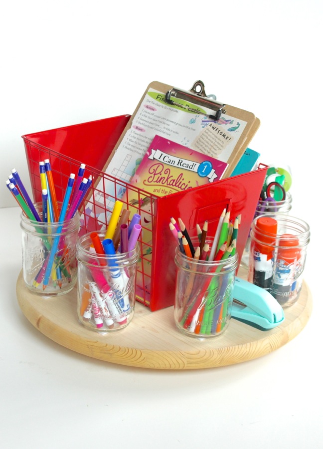 school-supplies-organized-in-mason-jars-on-a-wood-round-lazy-susan school-supplies-organized-in-mason-jars-on-a-wood-round-lazy-susan