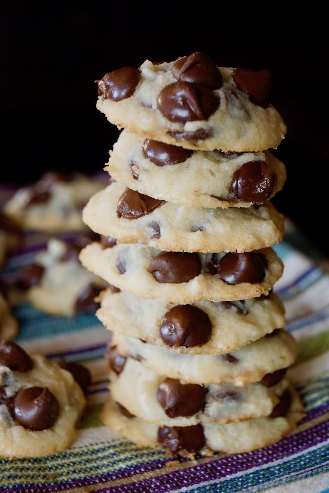 tall stack of chocolate chip cookies