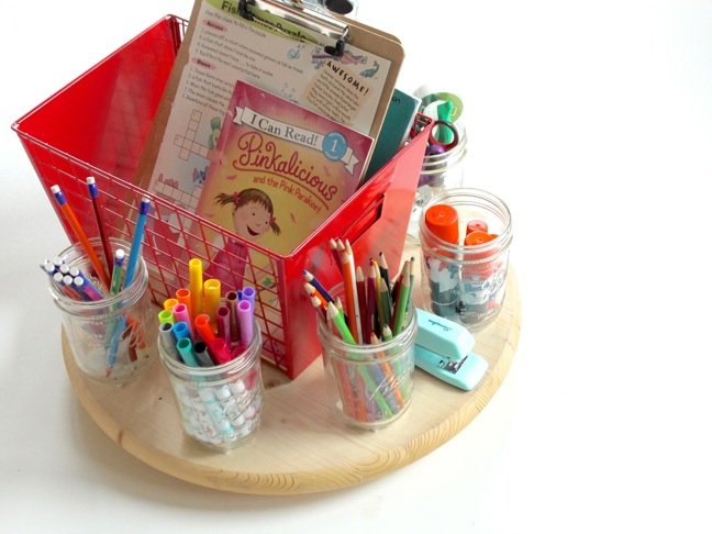 school-supplies-organized-in-mason-jars-on-a-wood-round-lazy-susan school-supplies-organized-in-mason-jars-on-a-wood-round-lazy-susan