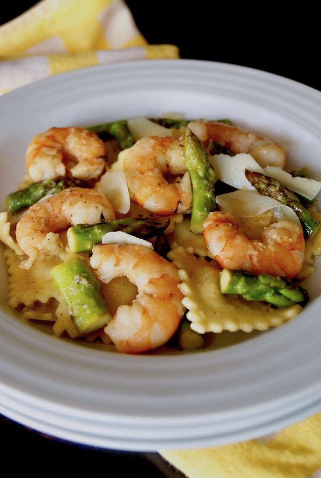 white bowls-pink-green-shrimp-asparagus-ravioli