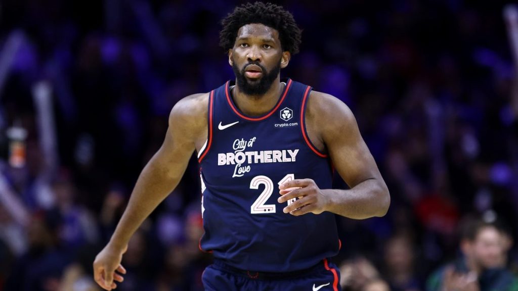 Joel Embiid #21 of the Philadelphia 76ers looks on during the fourth quarter against the San Antonio Spurs at the Wells Fargo Center on January 22, 2024 in Philadelphia, Pennsylvania. NOTE TO USER: User expressly acknowledges and agrees that, by downloading and or using this photograph, User is consenting to the terms and conditions of the Getty Images License Agreement.