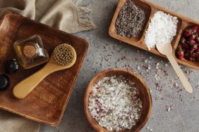 DIY bath soak from essential oils, bath sea salt, rose