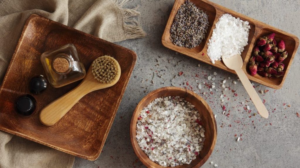 DIY bath soak from essential oils, bath sea salt, rose