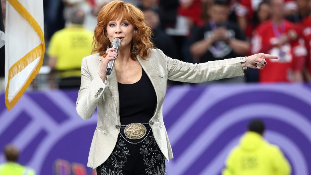 Reba McEntire performs during the Super Bowl LVIII Pregame at Allegiant Stadium on February 11, 2024 in Las Vegas, Nevada.