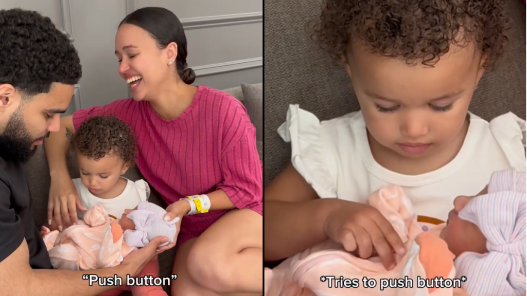 parenting video toddler newborn sister baby doll viral