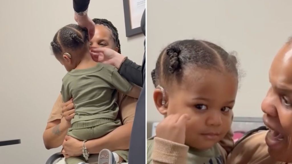 son hears mom's voice first time video