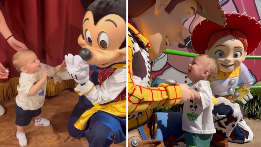 toddler hugs Disney characters video