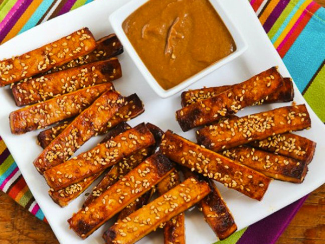 Baked Sesame Tofu Sticks with Peanut Butter and Tahini Sauce