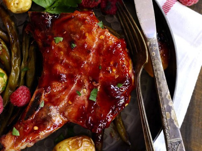 Sheet Pan Raspberry Pineapple Pork Chops