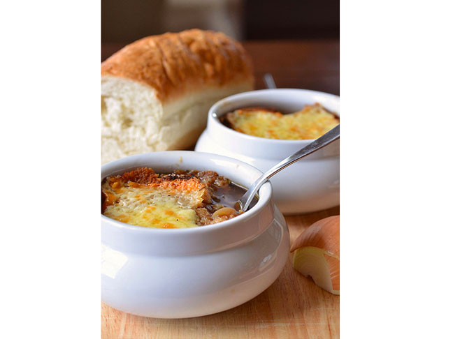 Guinness and Onion Soup with Irish Cheddar Crouton