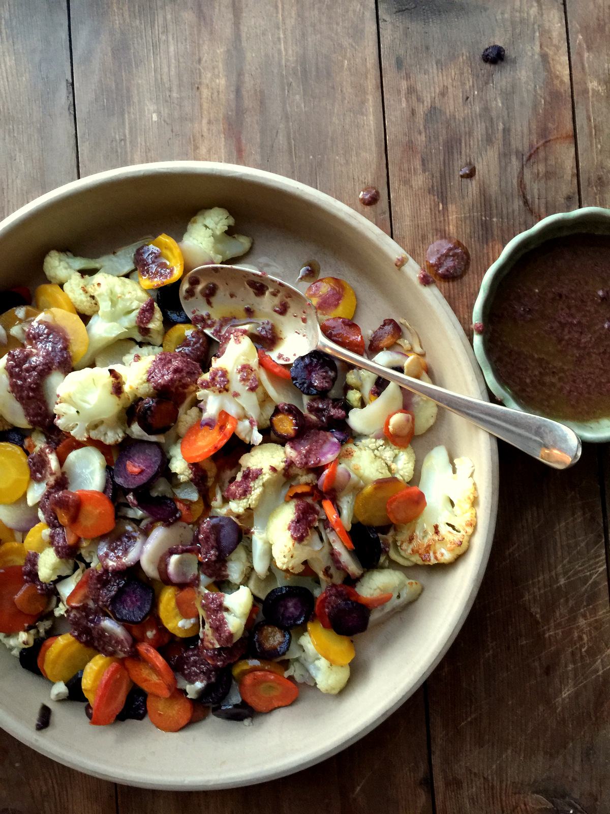 Roasted Cauliflower and Carrots with Olive Drizzle