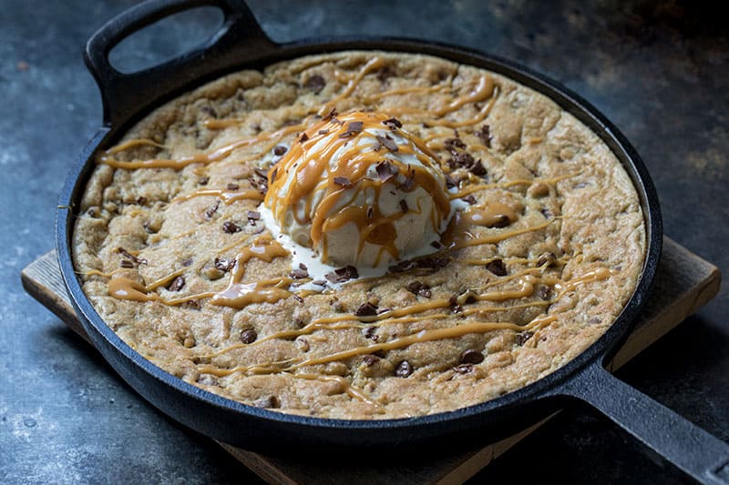 Caramel Stuffed Chocolate Chip Skillet Cookie