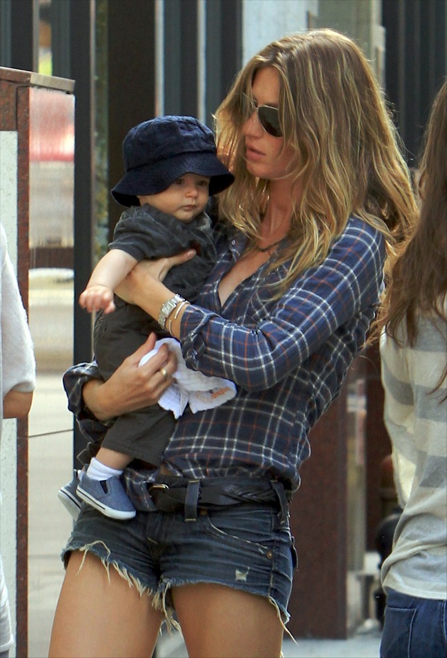 Gisele Bundchen, plaid flannel shirt, denim cut off shorts, sunglasses, belt, watch